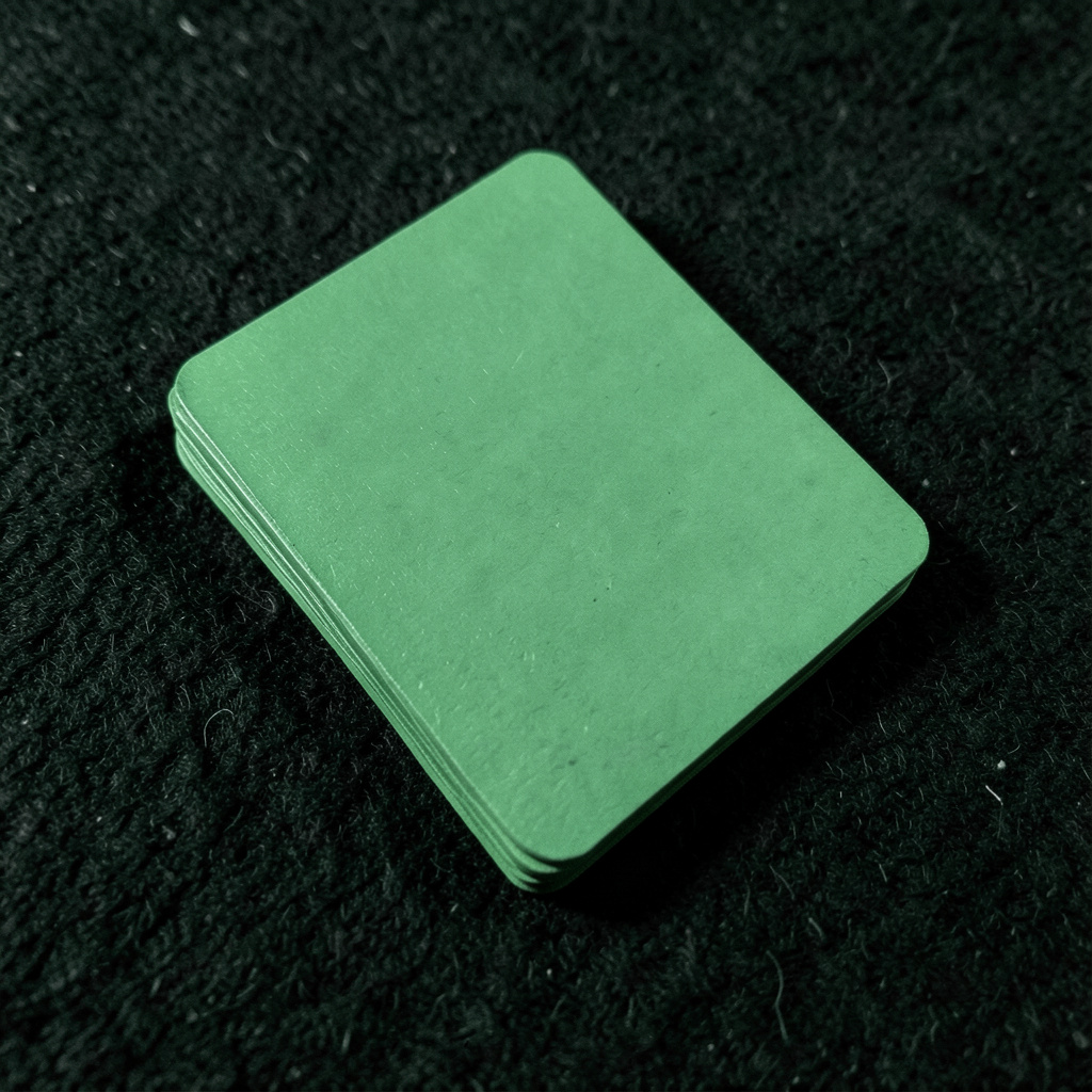 Duotone green and black thumbnail of stacked playing cards on a dark felt background