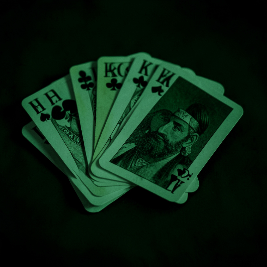 Dark duotone thumbnail in deep green and black showing a shuffled deck fan