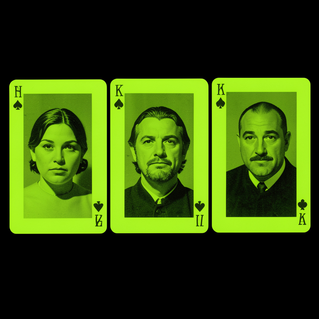 Two-tone thumbnail in black and lime green of three face cards aligned in a row