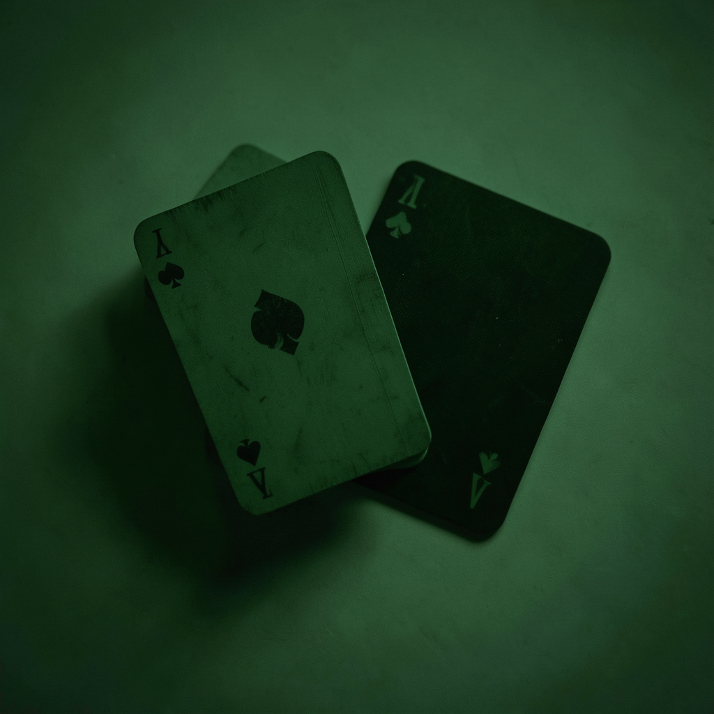 Dark green and black duotone thumbnail of a dealer hand with two cards