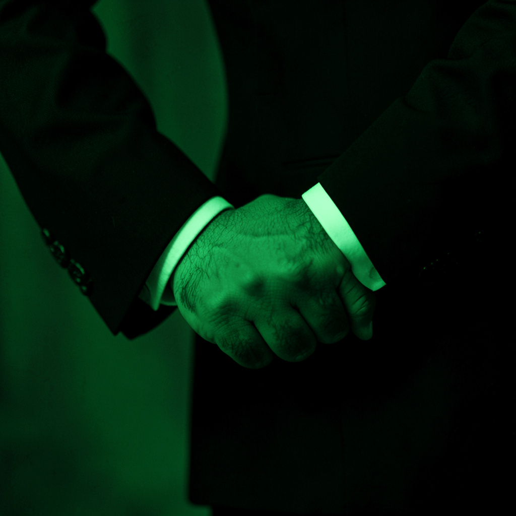 Hard duotone thumbnail in deep green and black of a suited connector hand